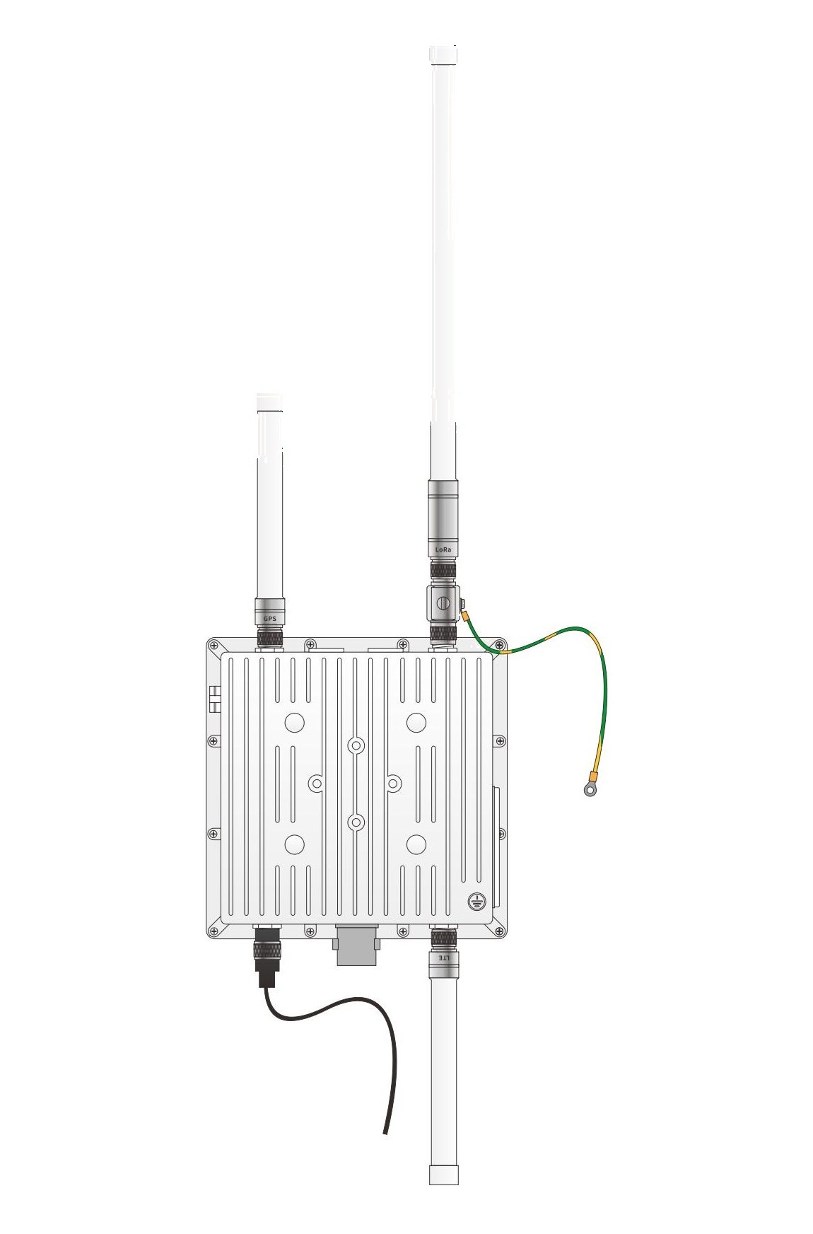 De buitengateway van MetronIQ: een vierkante metalen behuizing met koelribben, met bovenop de LoRaWAN-antenne en onderaan de antenne voor 4G.