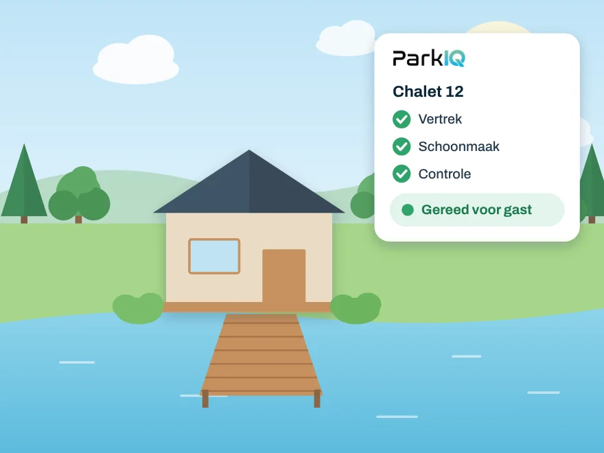 Een chalet aan het water, met een kaartje: vertrek, schoonmaak en controle afgevinkt, gereed voor de gast.